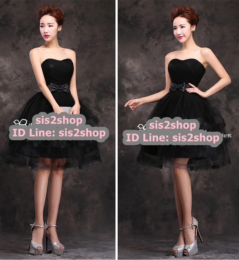 พร้อมเช่า ชุดแฟนซีสั้น เกาะอก กระโปรงระบาย 3 ชั้น แต่งโบว์ช่วงเอว สีดำ (ด้านหลังเป็นเชือกผูก)