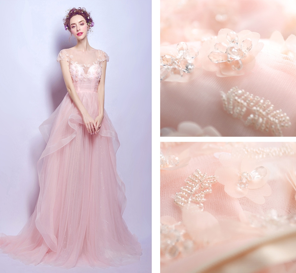 Pre-order ชุดแฟนซี ชุดเจ้าสาว ชุดราตรียาว สีชมพู แขนสั้น ซีทรู แต่งคริสตัลช่วงบน กระโปรงยาว ซิปหลัง