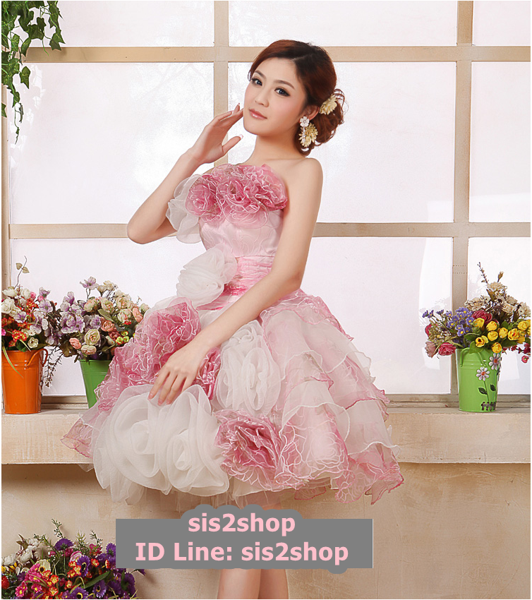 พร้อมเช่า ชุดแฟนซี ชุดราตรีสั้น เกาะอก ผ้าแก้ว แต่งดอกไม้สามมิติ สีขาว+แดง ซิปหลัง