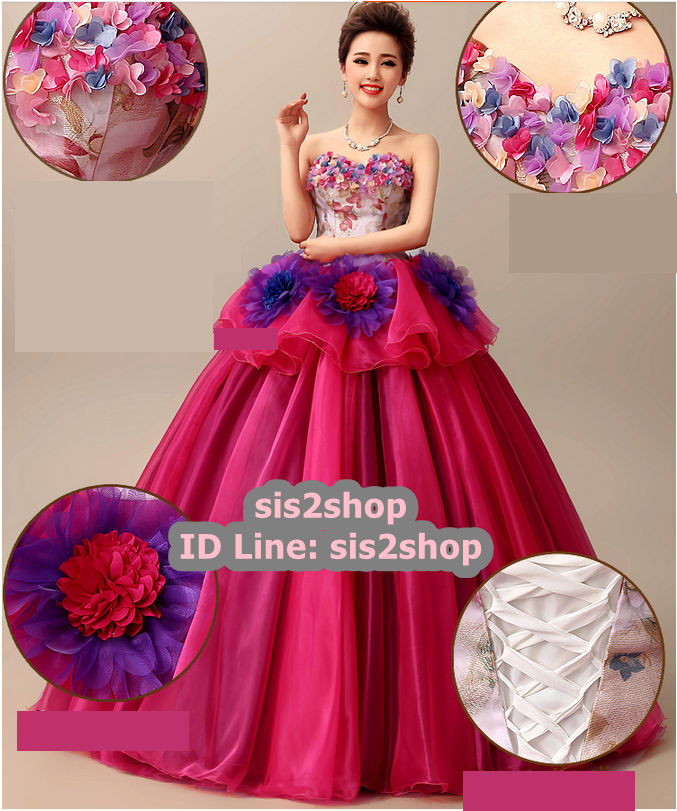 พร้อมเช่า ชุดแฟนซี ชุดราตรียาว แบบเกาะอก กระโปรงพองสวยสีม่วง แต่งดอก (เชือกผูกหลัง)