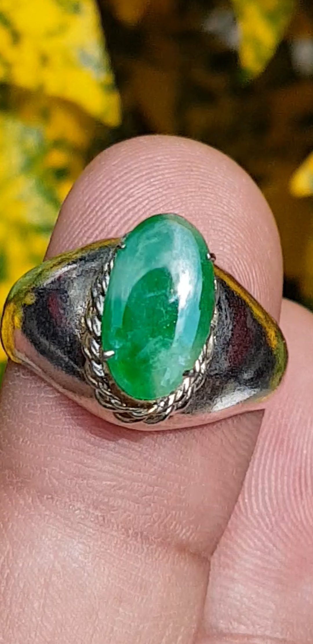 หยก พม่า แท้ Jade แหวนหยก 翡翠戒指 (Jadeite ring) 0.74 กะรัต (Cts.) (Size) 29 ดิบ ไม่ผ่านการปรับปรุง (Type A) พม่า (Myanmar)