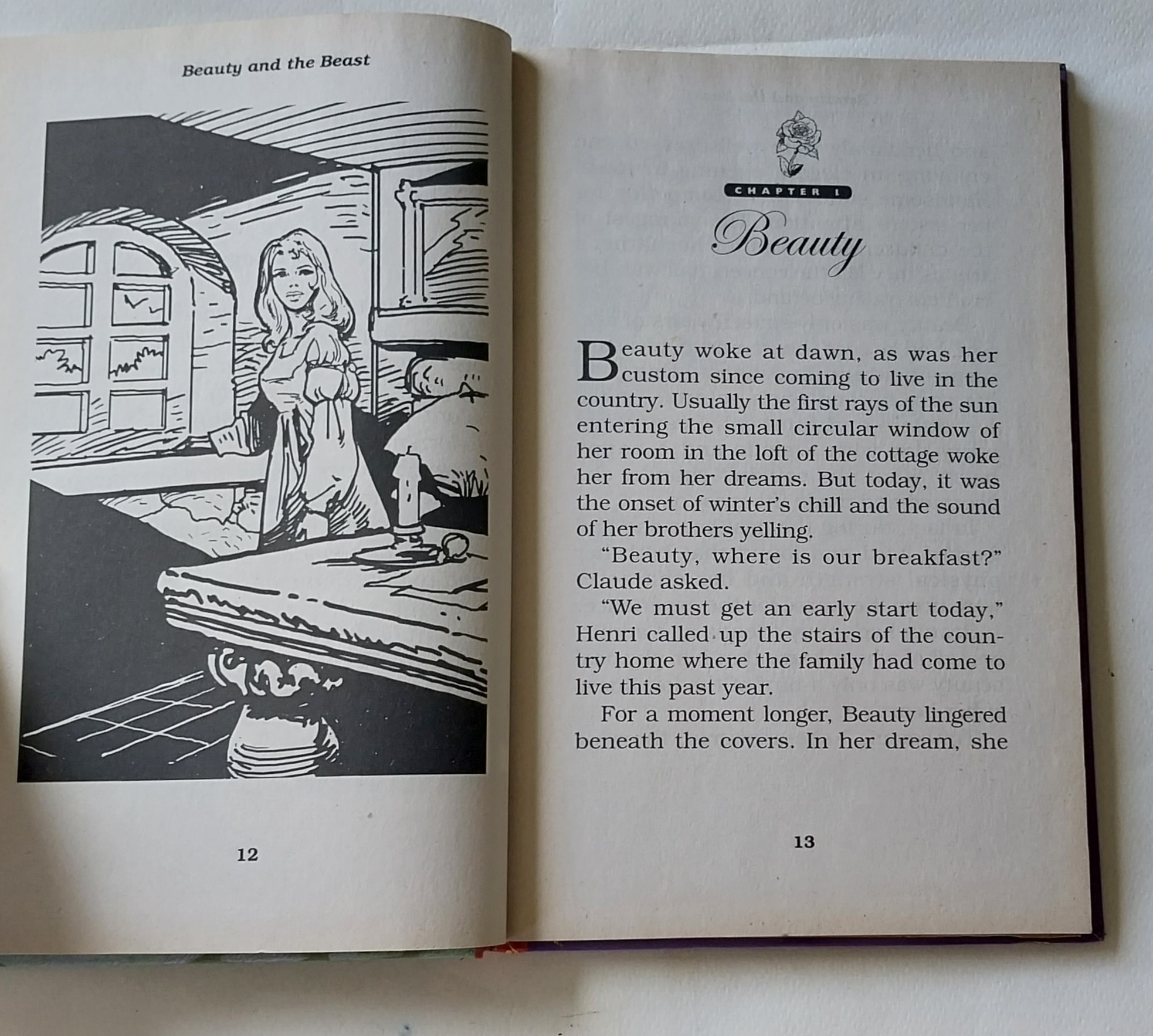 หนังสือนิทานภาษาอังกฤษ สภาพเก่าเก็บ บิวตี้แอนด์บีสต์ ปกแข็ง เนื้อหาขาวดำ พร้อมภาพประกอบทั้งเล่ม Treasury of Illustrated Classics ,Beauty and the Beast ,Madame le Prince de Beaumont,Modern Publishing