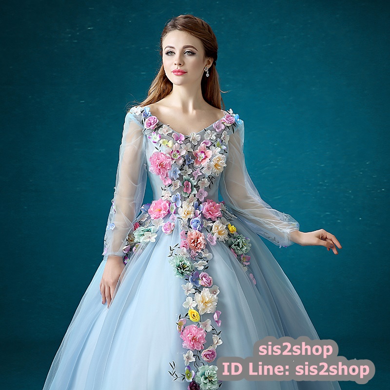 พร้อมเช่า ชุดแฟนซี ชุดราตรียาว สีฟ้า แขนยาว แต่งดอก Fairy สไตล์เจ้าหญิง กระโปรงพองสวย เชือกผูกหลัง