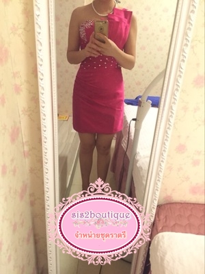 Pre-order ชุดราตรีสั้น เกาะอก ไหล่เดียว ผ้าซาตินเข้ารูป ปักเลื่อมสวยหรู มีซิป