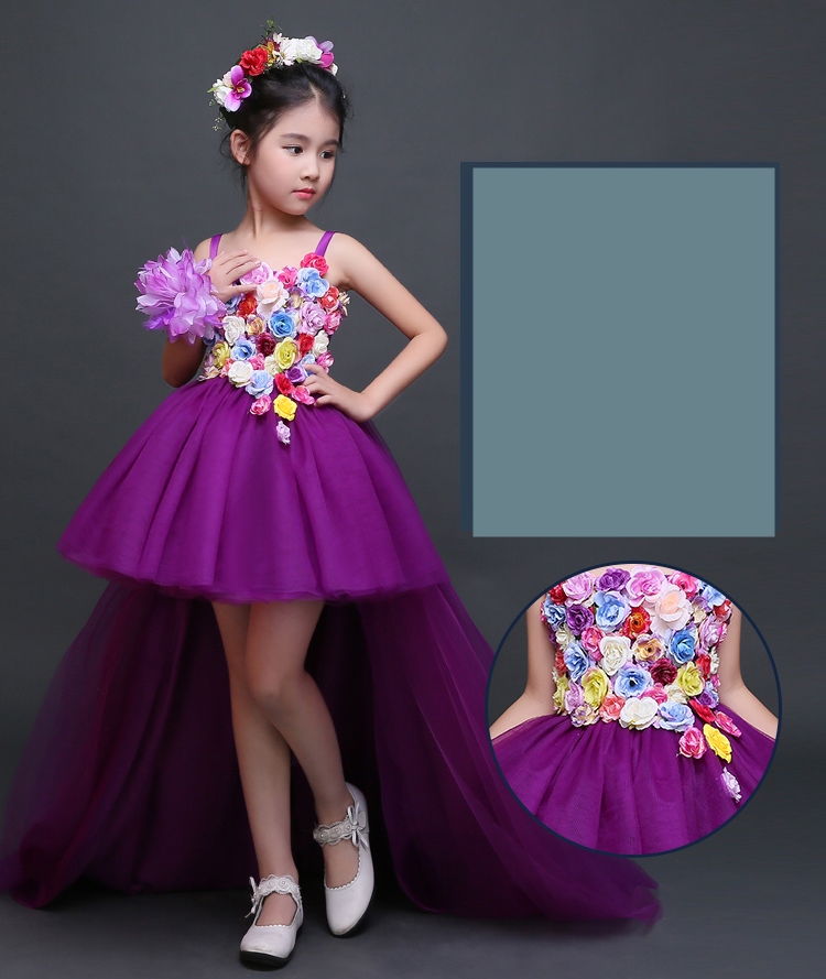 Pre-order ชุดแฟนซี ชุดแสดง ชุดกระโปรง สายเดี่ยว แต่งดอกหลากสีช่วงอก กระโปรงตาข่าย