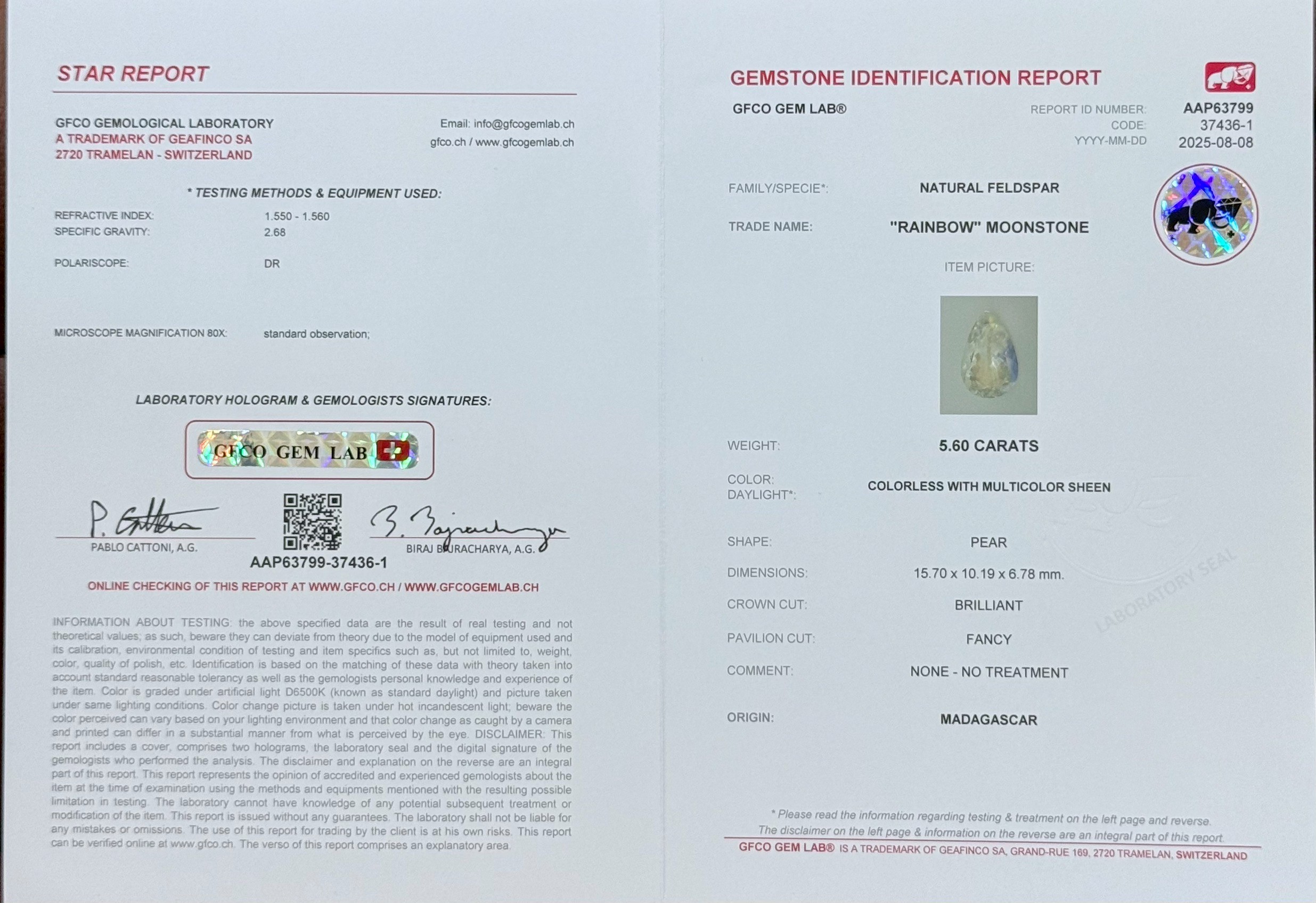 พลอย มูนสโตน เรนโบว์ Rainbow Moonstone 5.60 กะรัต (cts.) พลอยแท้ อัญมณีมงคลประจําวันเกิด เครื่องประดับพลอย