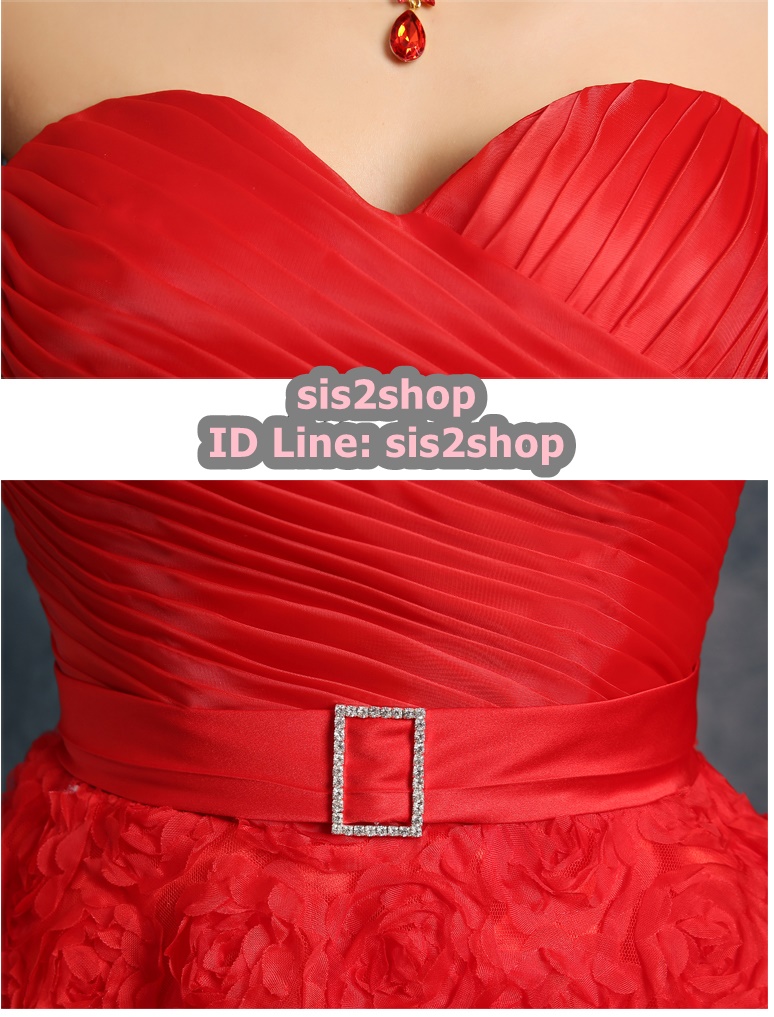 พร้อมส่ง ชุดราตรีสั้น เกาะอก ทรงบอลลูน เชือกผูกหลังพร้อมเข็มกลัด กระโปรงดอกสามมิติ สีแดง (แบบเชือกผูกหลัง)