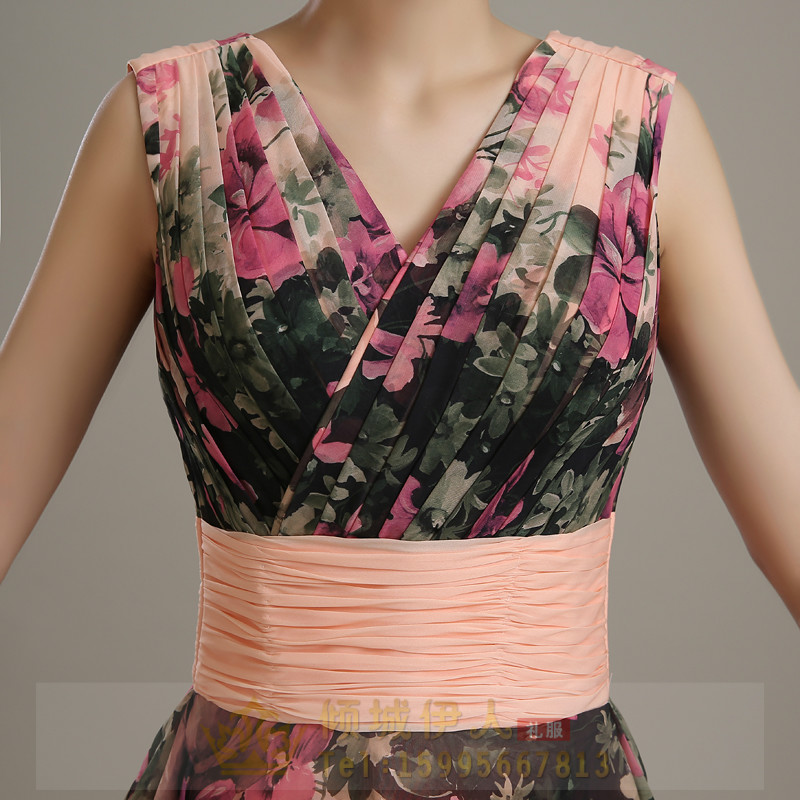 Pre-order ชุดราตรียาว แขนกุด พิมล์ลายดอกไม้ จับจีบ ผ้าคาดเอว เชือกผูกหลัง สีตามภาพ