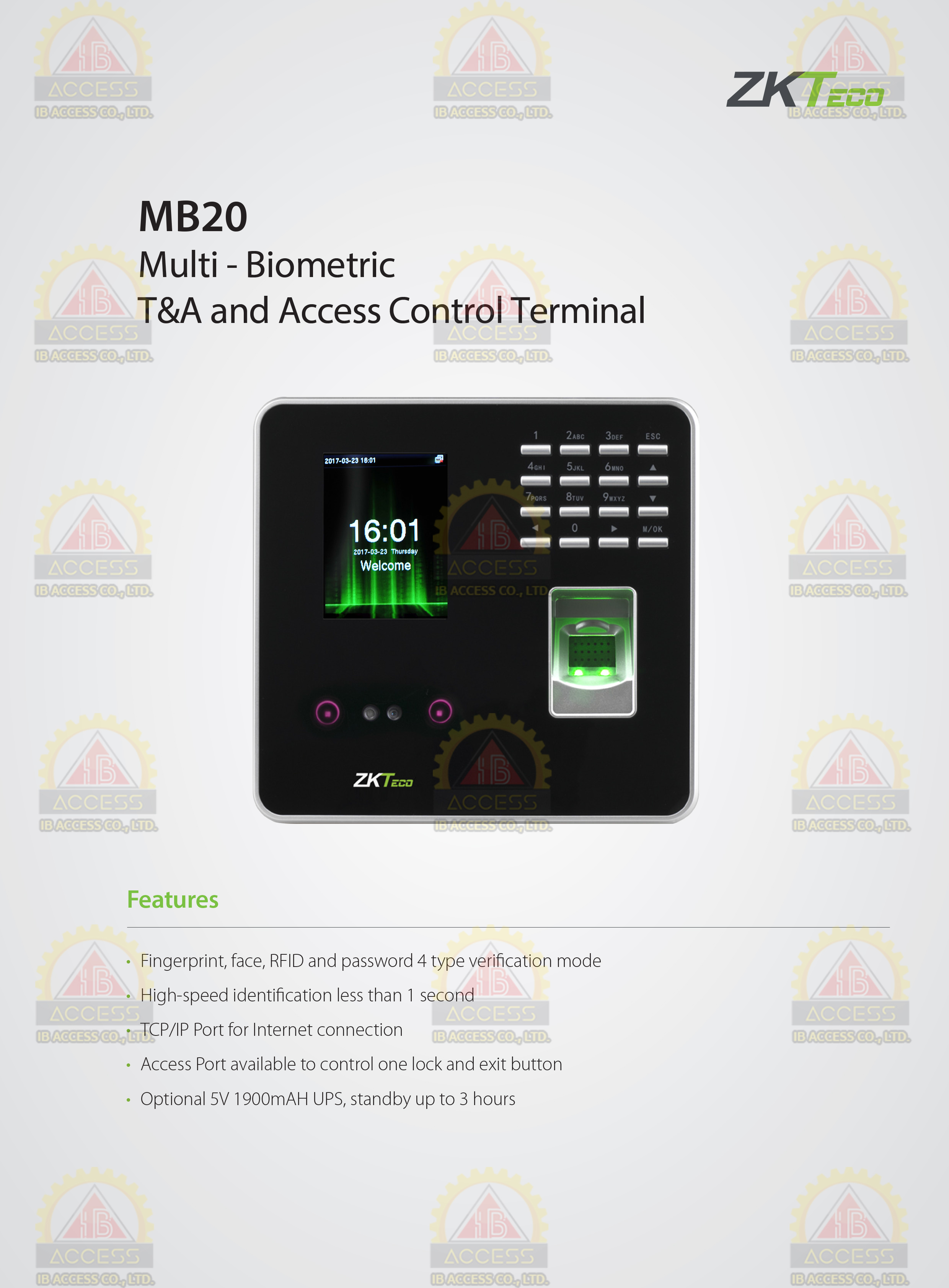 เครื่องสแกนใบหน้า ยี่ห้อ ZKTeco รุ่น MB20 รองรับระบบ Access Control