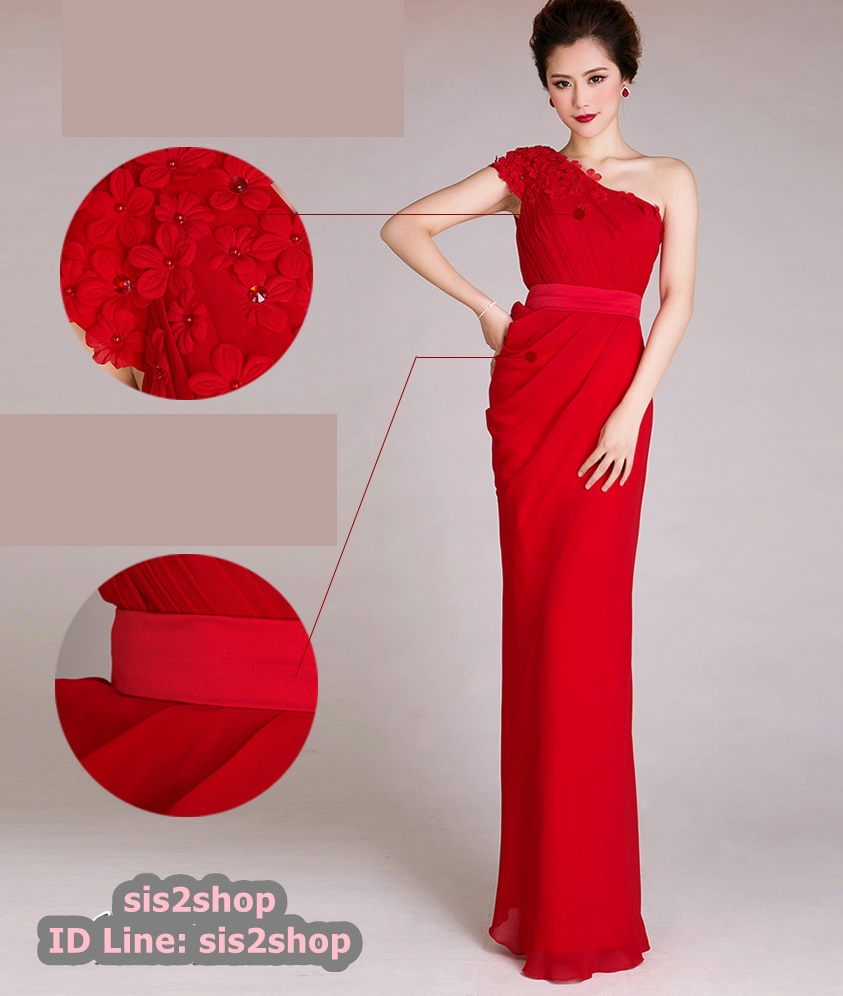 พร้อมส่ง ชุดราตรียาว ไหล่เฉียง ทรงเข้ารูปผ้าชีฟองนิ่มใส่สบายกระโปรงจับจีบย้วย ไหล่แต่งดอก สีแดง