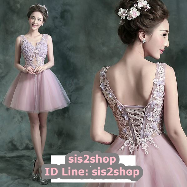 พร้อมเช่า ชุดแฟนซีสั้น แบบแขนกุด เนื้อผ้าเป็นตาข่ายแบบซีทรู แต่งดอกและลูกปัด สีม่วง (เชือกผูกหลัง)