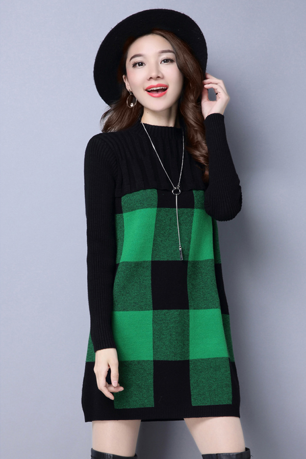 เดรสไหมพรมคอเต่า แขนยาว ถักลายตาราง (12219B)