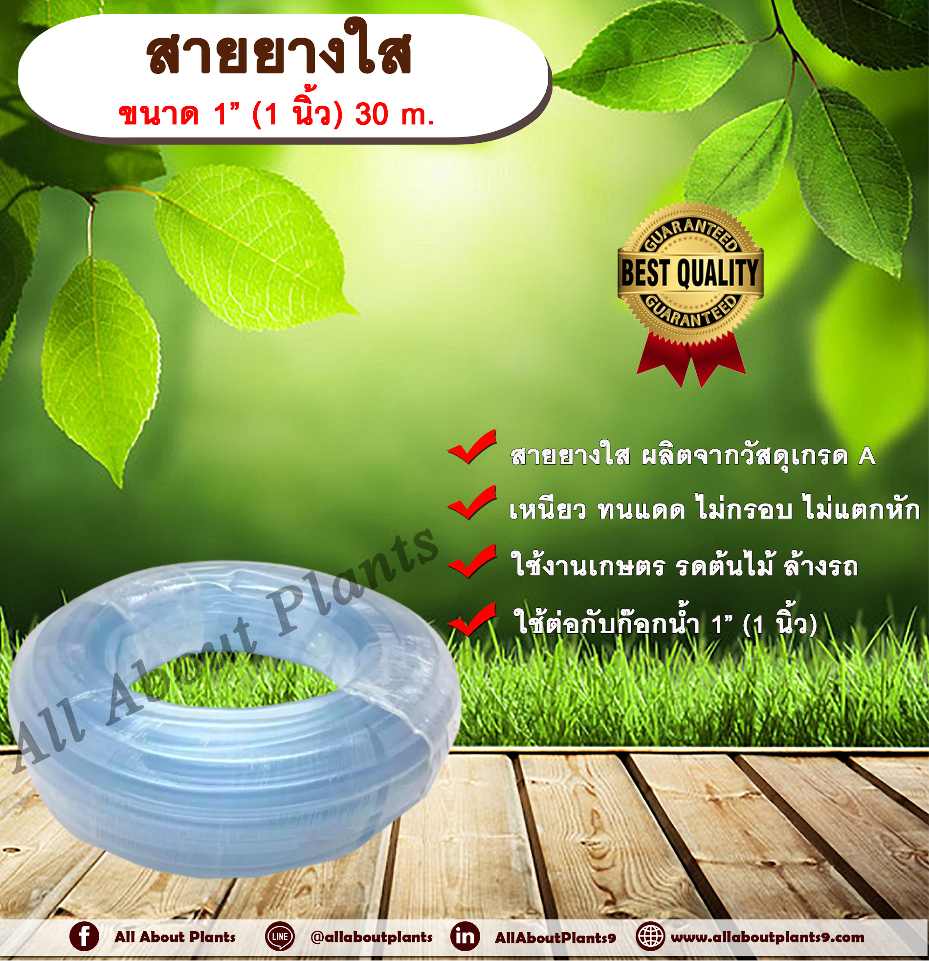 สายยางใส ขนาด 1” (1 นิ้ว) 30 m. สายยางรดน้ำ สายยางล้างรถ สายยางใส สายยาง 1 นิ้ว สายยางรดต้นไม้ สายยางรดน้ำต้นไม้ ชิ้น