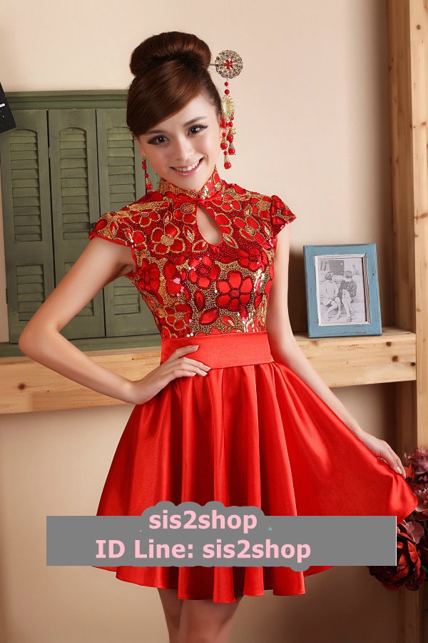 พร้อมเช่า ชุดแฟนซี ชุดราตรีสั้น ชุดกี่เพ้า คอจีน สีแดง กระโปรงจับจีบสวย