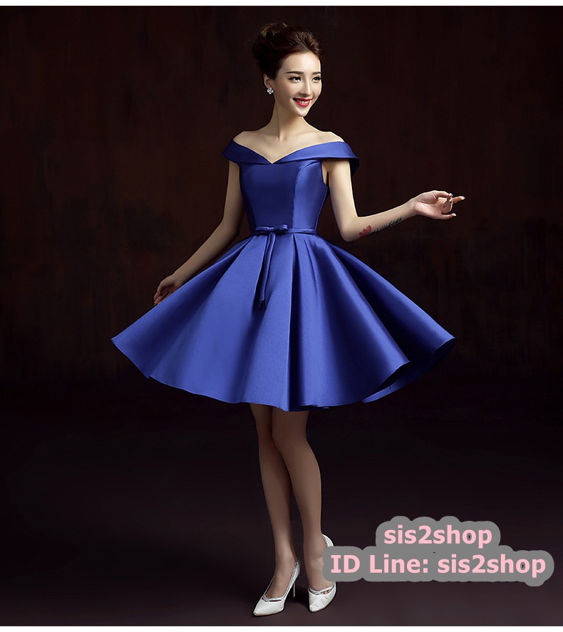 พร้อมส่ง ชุดราตรีสั้น แบบไหล่ปาด สไตล์วินเทจผ้าไหมดัชเชส กระโปรงทรงA แต่งโบว์ช่วงเอว (เชือกผูกหลัง) สีน้ำเงิน