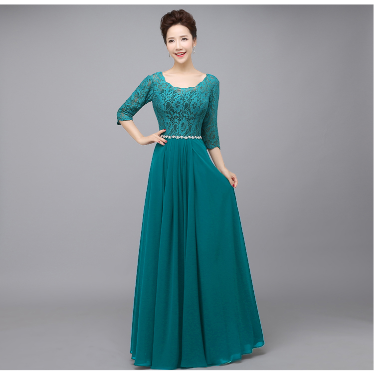 Pro-order ชุดราตรียาว แขนสามส่วน แต่งลูกไม้ช่วงบน (ลูกไม้เนื้อนิ่ม) ตัวกระโปรงเป็นผ้าชีฟอง ช่วงเอวแต่งเพชร สวยหรู ซิปหลัง ไซส์ใหญ่ XS-4XL