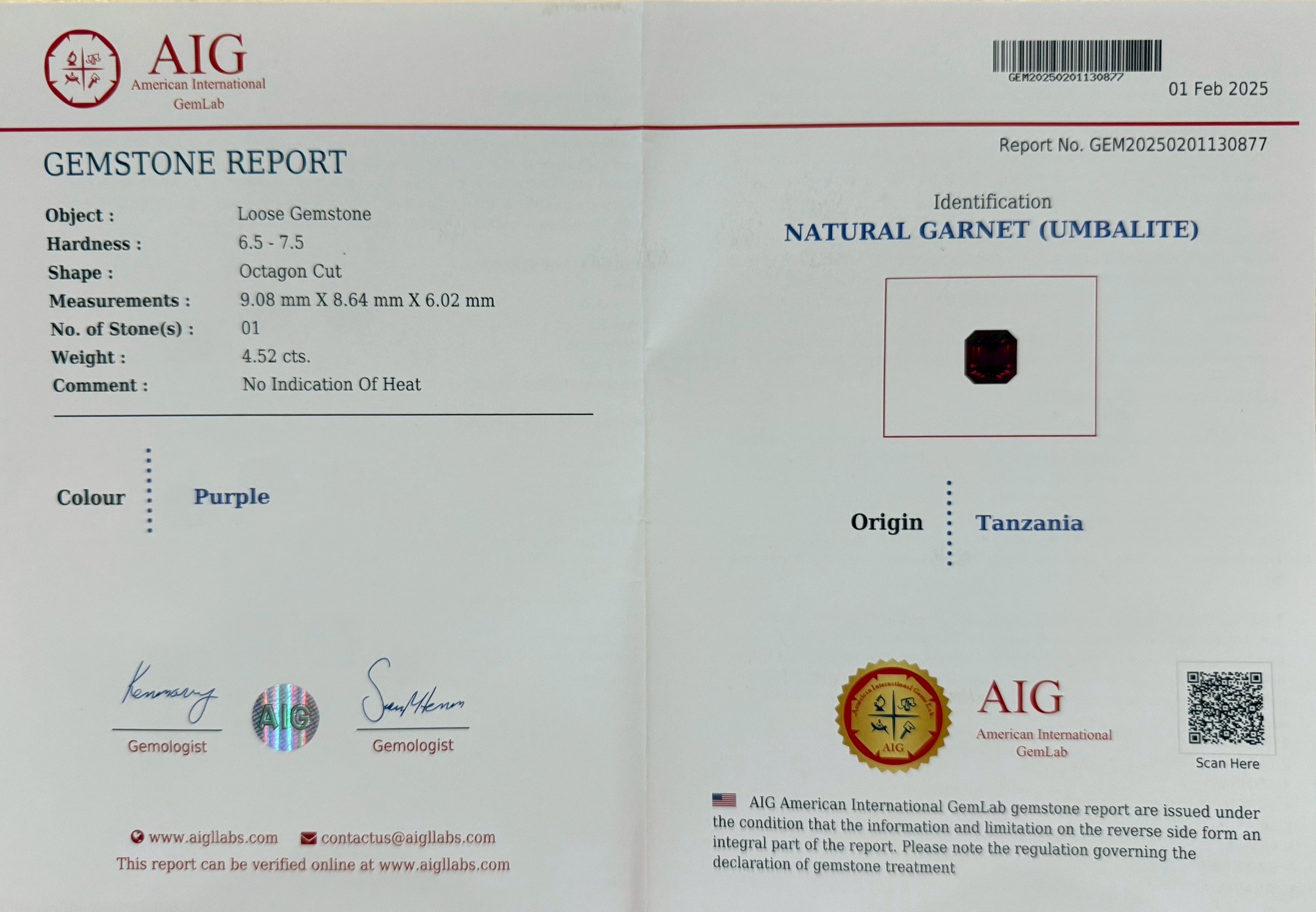 พลอย อุมบาไลต์ การ์เน็ต Umbalite Garnet 4.52 กะรัต (Cts.) ดิบ Unheated พร้อมใบเซอร์ AIG พลอยแท้ อัญมณีมงคลประจําวันเกิด เครื่องประดับพลอย