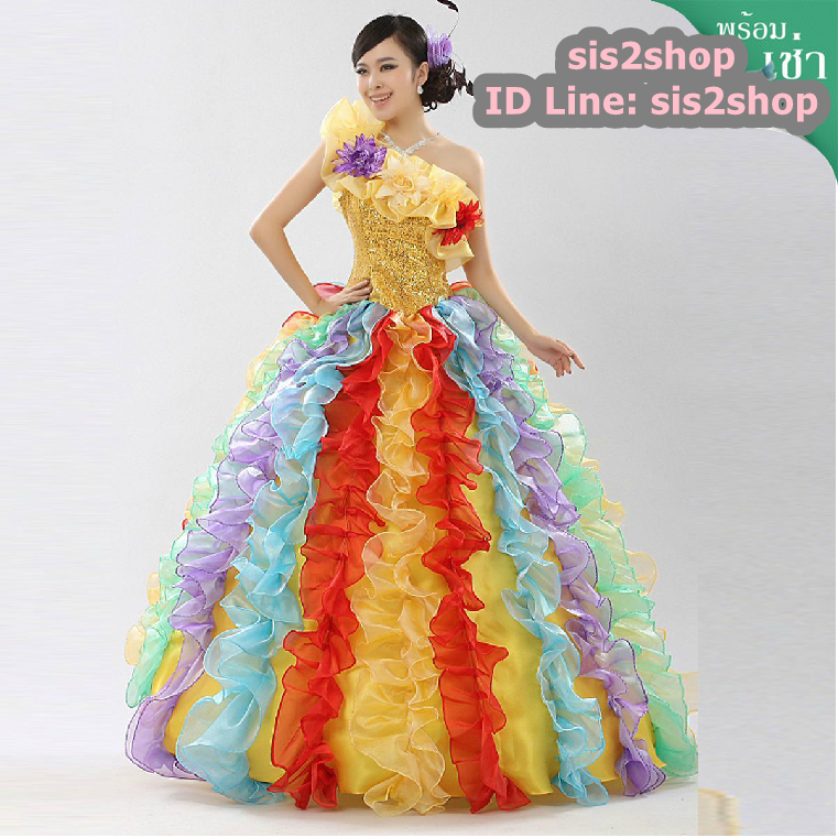 พร้อมเช่า ชุดแฟนซียาว สีรุ้ง เกาะอก ไหล่เดียว ระบายฟูสวย ซิปหลัง