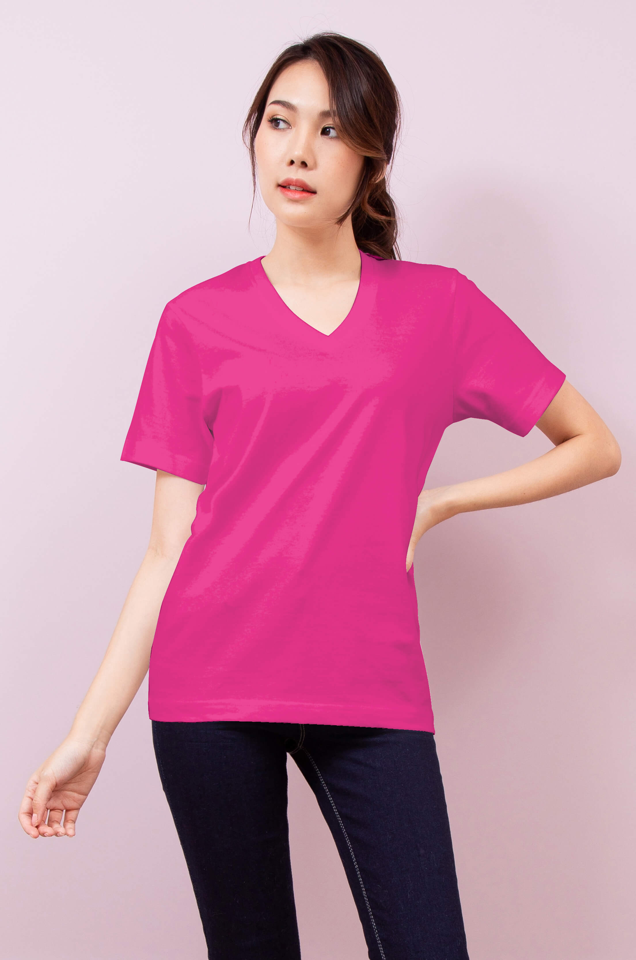 เสื้อยืด OV102 คอวี ผ้าCotton100% 32 เนื้อนุ่ม ใส่สบาย สีบานเย็น