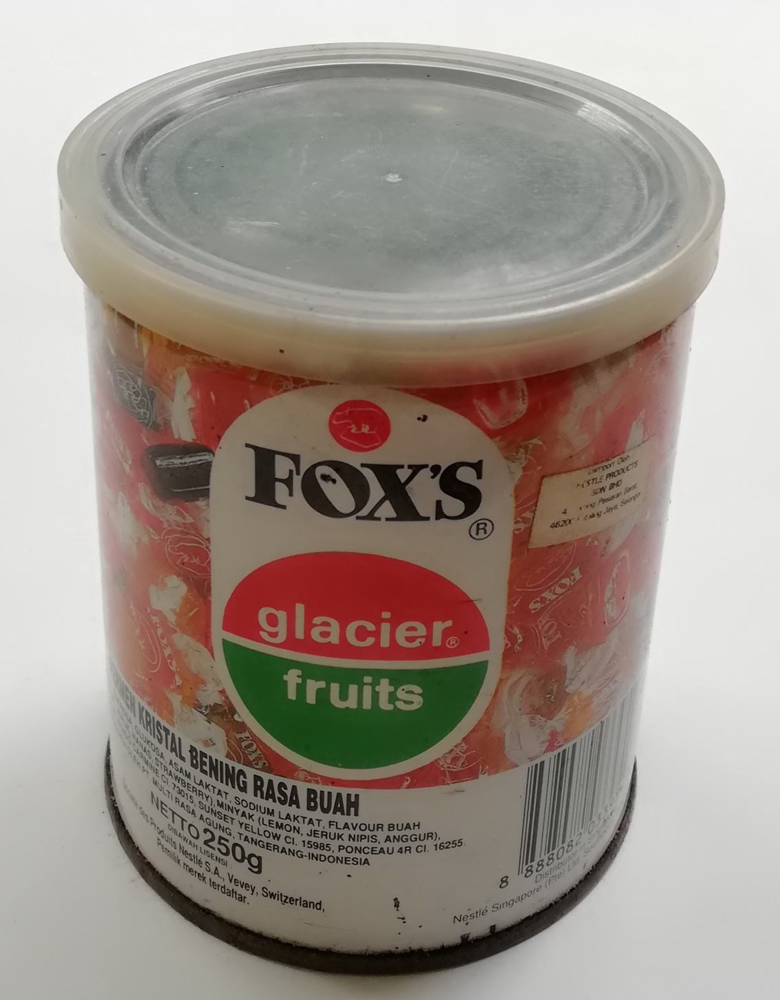ของสะสม กล่องสังกะสี (กล่องโลหะ) กระป๋องลูกอม ตรา FOX'S glacier fruits,crystal clear sweet ทรงกระบอก เส้นผ่าศุนย์กลางประมาณ 3.5" สูงประมาณ 4.5"
