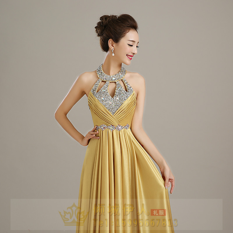 Pre-order ชุดราตรียาว คล้องคอ ผ้าซาติน ตีเกล็ดช่วงอก กระโปรงจับจีบ ปักเลื่อม แต่งเพชร เรียบหรู เซ็กซี่ เชือกผูกหลัง