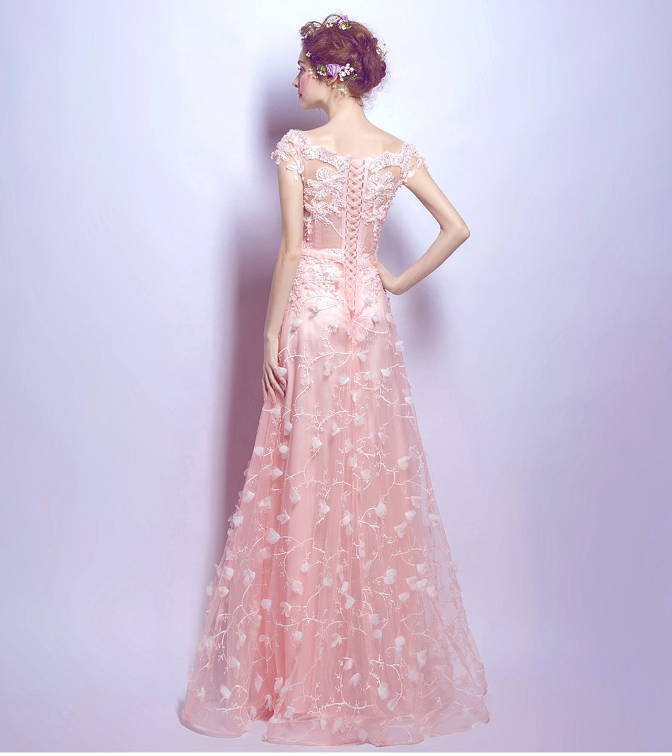 Pre-order ชุดแฟนซี ชุดเจ้าสาว ชุดราตรี สีชมพูโอรส แขนกุด ผ้าลูกไม้ เชือกผูกหลัง