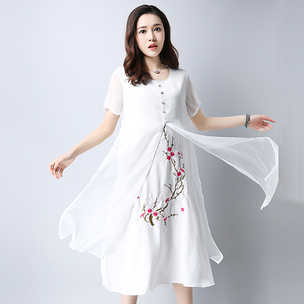 เดรสยาวผ้าฝ้ายญี่ปุ่นปักลายดอก ชายพริ้วสวย (11811M)