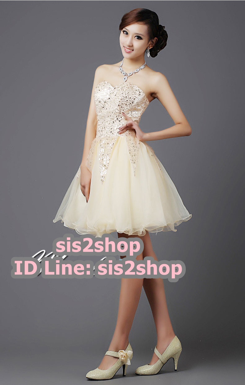 พร้อมส่ง ชุดราตรีสั้น เกาะอก สีครีม Champagne กระโปรงสุ่ม อกปักเลื่อมสวยวิบวับ