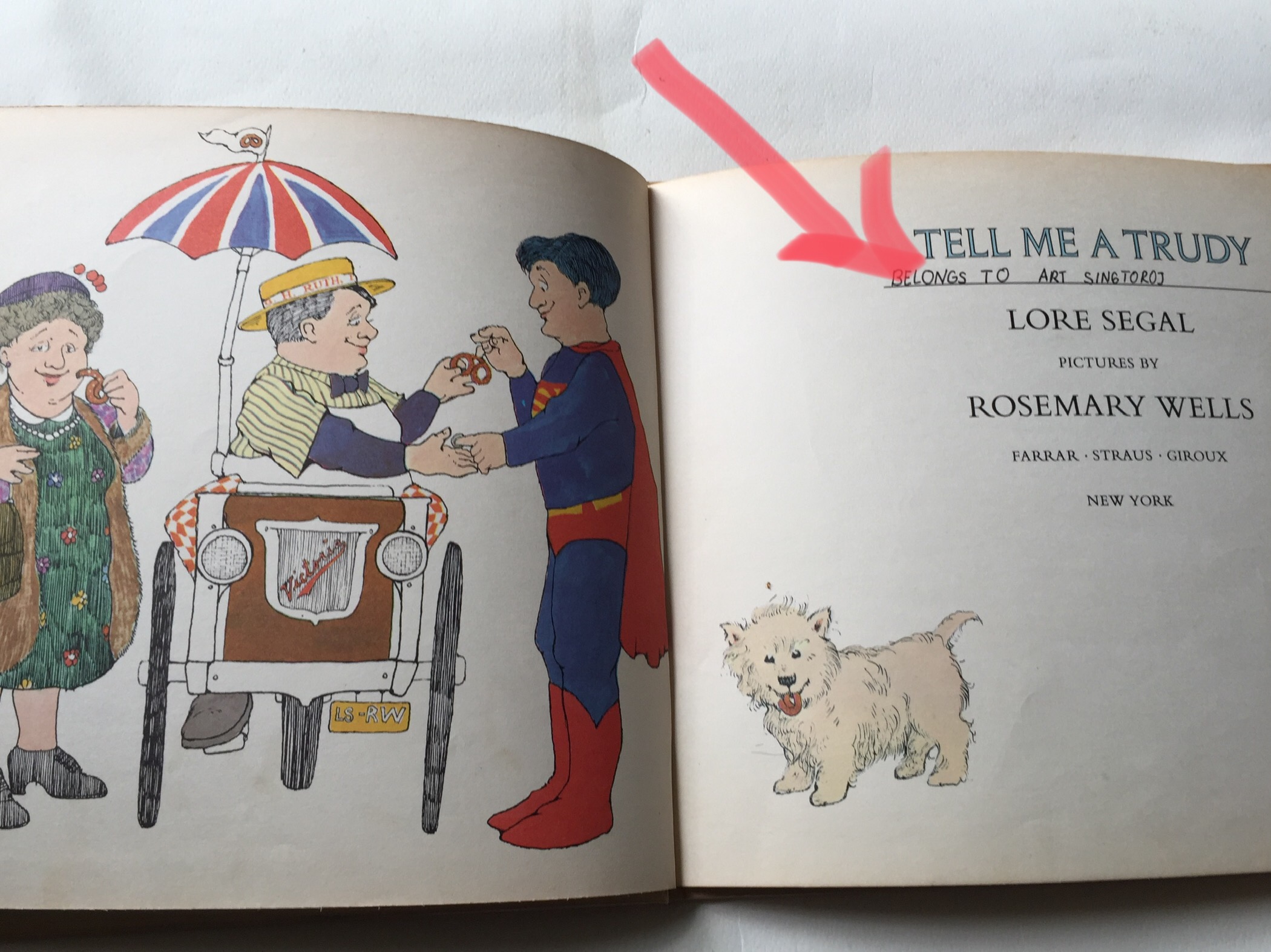 หนังสือภาพวาดสวยปกแข็ง ฉบับภาษาอังกฤษ, ** มีตำหนิตามภาพ, มีรอยเขียนชื่อ belong to Art Singtoroj, TELL ME A TRUDY โดย LORE SEGAL ภาพโดย ROSEMARY WELLS, ปีที่พิมพ์ 1977