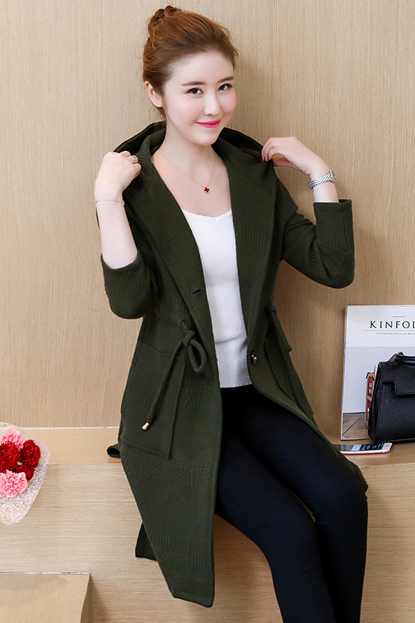 คาร์ดิแกน เสื้อคลุมกันหนาวตัวยาว มีฮู้ด แต่งกระเป๋าคู่ (12051B)