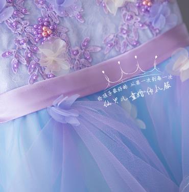 Pre-order ชุดแฟนซี ชุดราตรีเด็ก แขนกุด แต่งดอกไม้ ปักดิ้นช่วงบน กระโปรงผ้าแก้วแต่งระบาย ซิปหลัง สวยหวาน