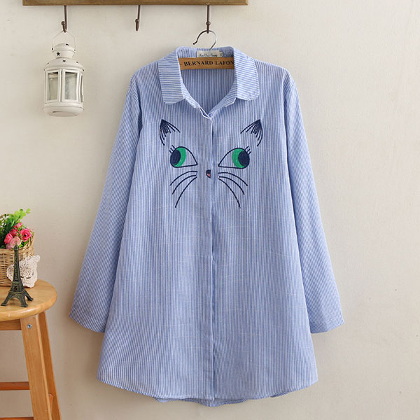 เดรสเชิ้ตแฟชั่นญี่ปุ่น แขนยาว ปักลายแมว (12100LM)