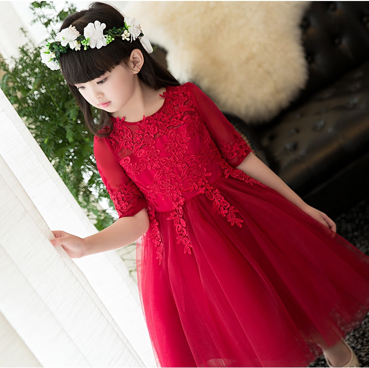 Pre-order ชุดราตรีเด็ก ชุดออกงาน ชุดกระโปรง สไตล์เจ้าหญิง แขนยาว แต่งผ้าลูกไม้ช่วงอก กระโปรงตาข่าย มีซิปหลัง