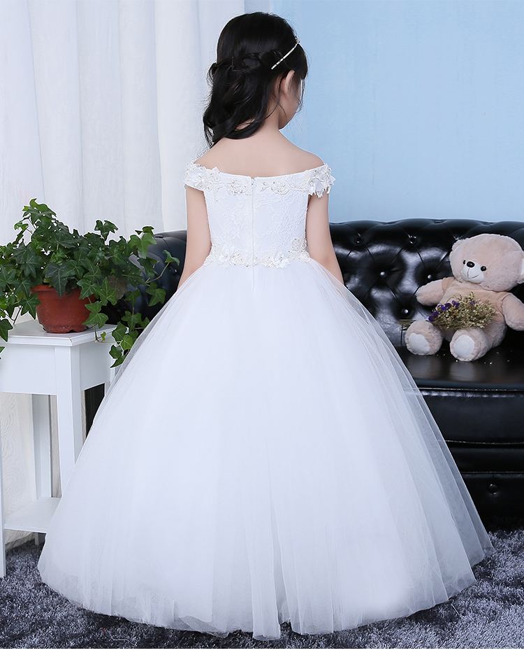 Pre-order ชุดราตรีเด็ก ชุดกระโปรง สไตล์เจ้าหญิง แบบไหล่ปาด แต่งดอก ปักเลื่อมช่วงบน กระโปรงตาข่ายฟูฟ่อง