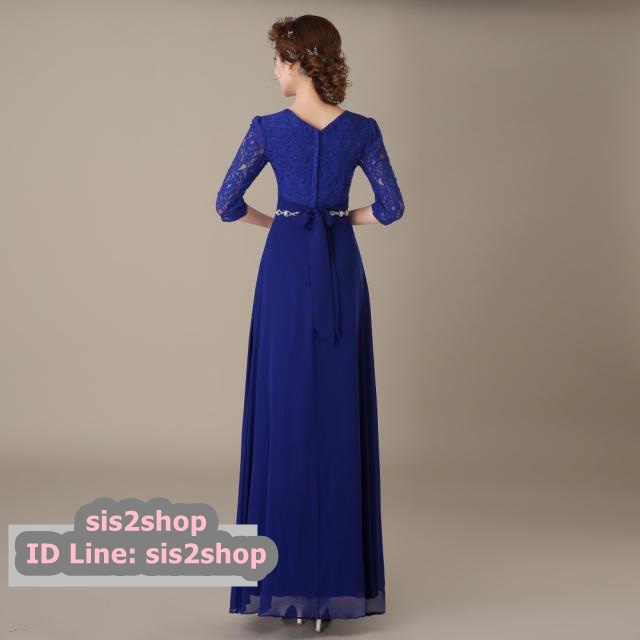 พร้อมส่ง ชุดราตรียาว แขนสามส่วน สีน้ำเงิน แต่งลูกไม้ช่วงบน (ลูกไม้เนื้อนิ่ม) ตัวกระโปรงเป็นผ้าชีฟอง ช่วงเอวแต่งเพชร สวยหรู (L - 3XL)