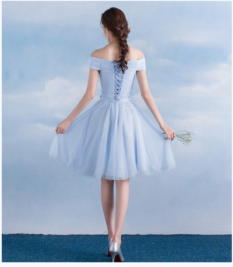 Pre-order ชุดราตรีสั้น เพื่อนเจ้าสาว กระโปรงตาข่าย มีหลายแบบ สีฟ้า (เชือกผูกหลัง)