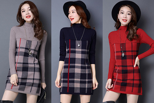 เดรสคอเต่ากันหนาว ไหมพรมกึ่งวูลหนานุ่มทอลาย (11767B)