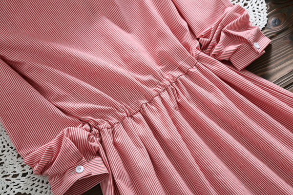 เดรสเชิ้ตแขนยาว เอวผูกจั๊ม ปักลายแมวน่ารัก (12296LM)