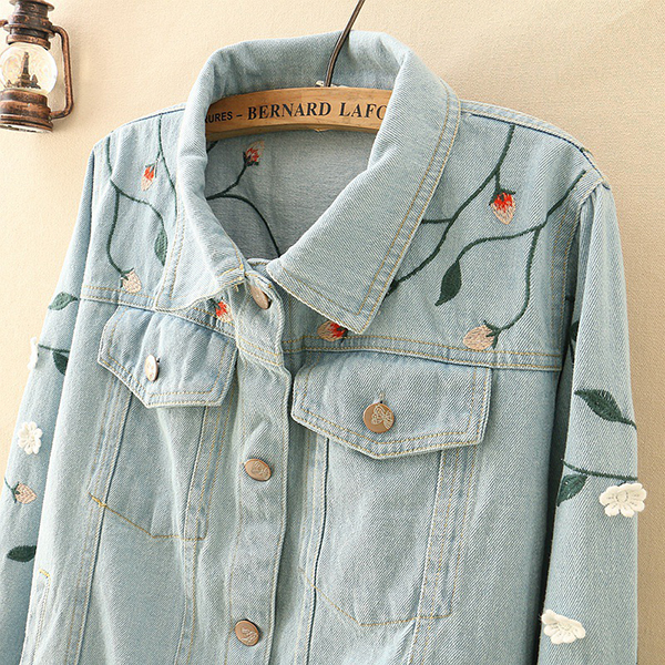 เสื้อแจ็คเก็ตยีนส์ตัวสั้น แขนยาว ปักลายดอกไม้วินเทจ (12108LM)