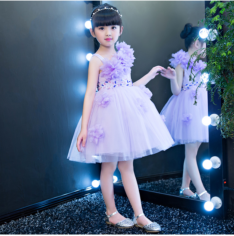 Pre-order ชุดราตรีเด็ก สีม่วง ไหล่เฉียง แต่งดอกไม้ ปักเลื่อมคาดเอว กระโปรงพองสวย ซิปหลัง