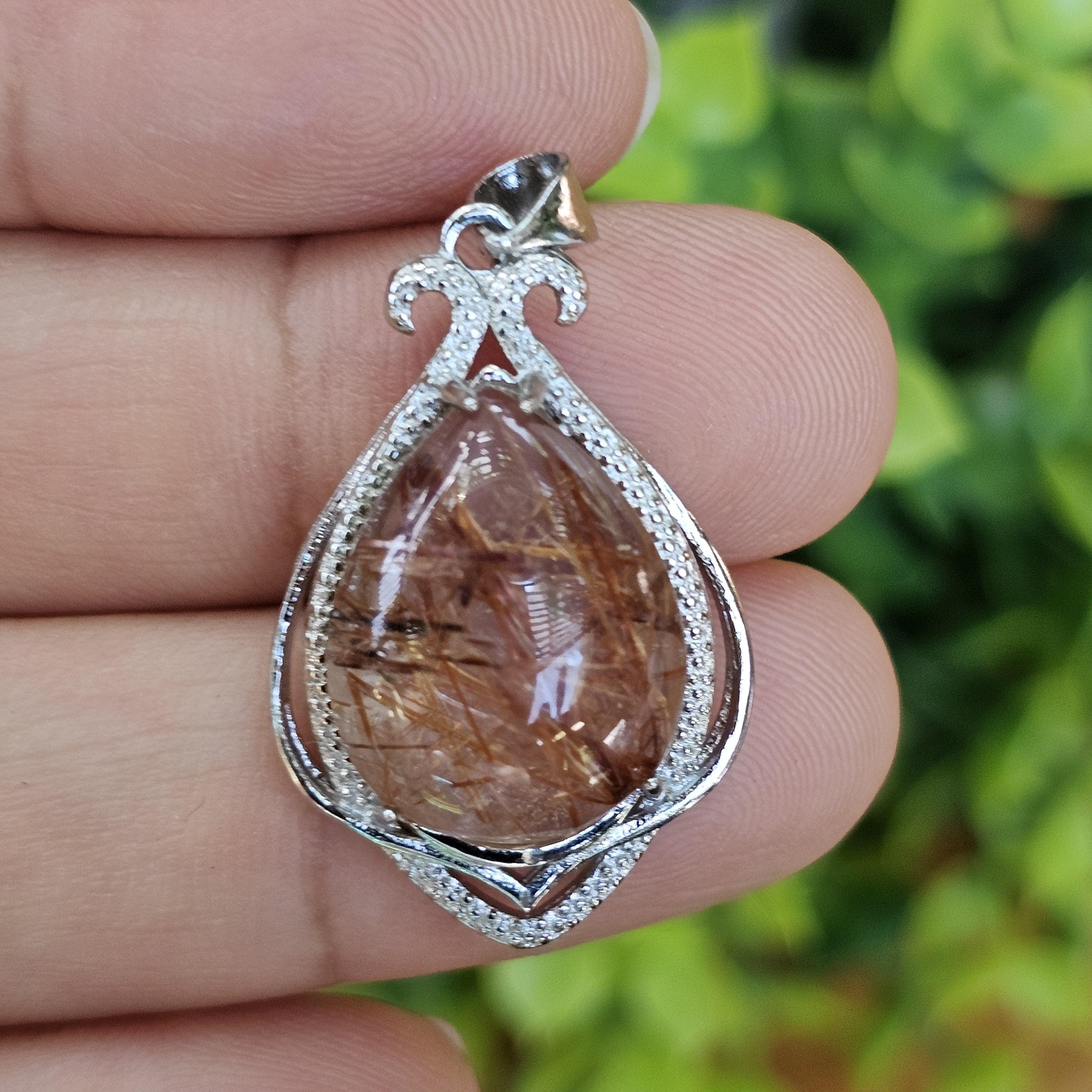 จี้ไหมนาค Rutilated Quartz 21.48 กะรัต Cts. พลอยแท้ อัญมณีมงคลประจําวันเกิด เครื่องประดับพลอย