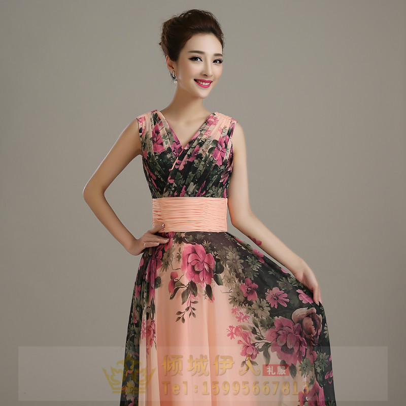 Pre-order ชุดราตรียาว แขนกุด พิมล์ลายดอกไม้ จับจีบ ผ้าคาดเอว เชือกผูกหลัง สีตามภาพ