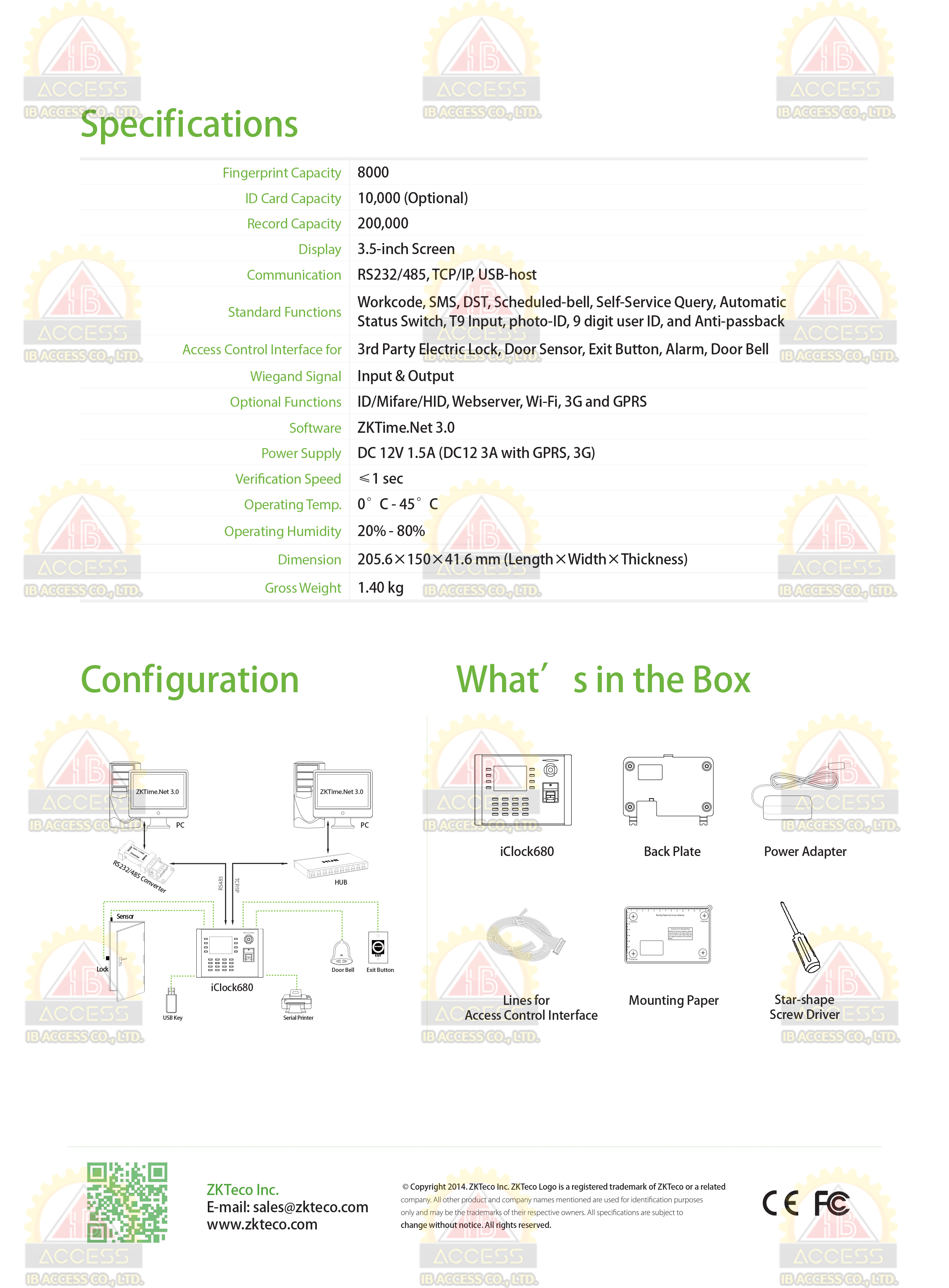 เครื่องสแกนลายนิ้วมือ ยี่ห้อ ZKTeco รุ่น lClock680 รองรับระบบ Access Control