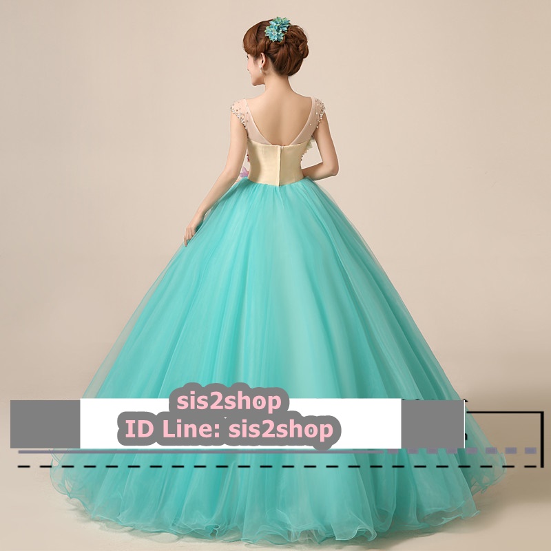 พร้อมเช่า ชุดแฟนซี ชุดราตรียาว แขนกุด แต่งระบายช่วงอก กระโปรงพองสวย ซิปหลัง