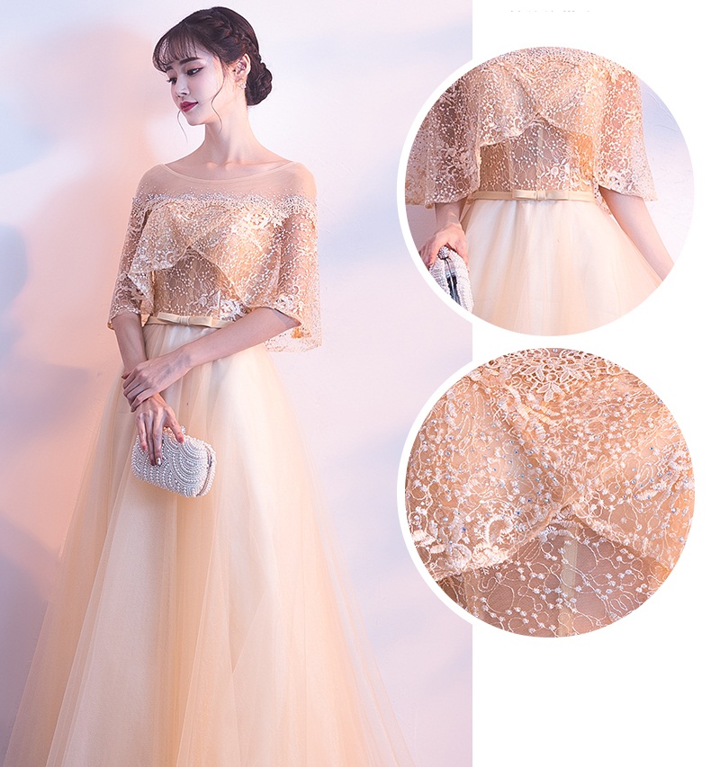 ชุดราตรียาวแขนระบายแต่งด้วยผ้าลูกไม้ปักมุกกระโปรงตาข่ายสวยหรู (เชือกผูกหลัง)