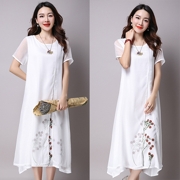 เดรสยาวแฟชั่นวินเทจ ผ้าทอพิมพ์ลาย ชายพริ้วสวย (11809M)