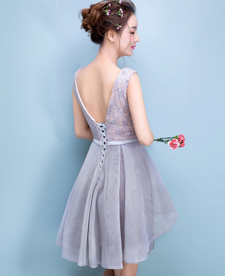 Pre-order ชุดราตรีสั้น แขนกุด คอวี ซีทรู เซ็กซี่ แต่งเลื่อมทั้งชุด แต่งผ้าตาข่ายระบาย เชือกผูกหลัง