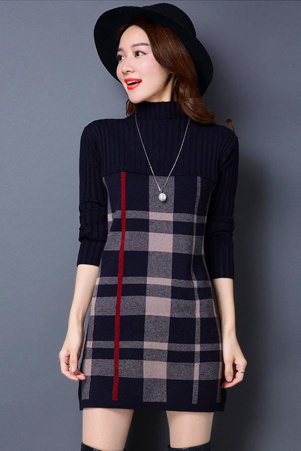 เดรสคอเต่ากันหนาว ไหมพรมกึ่งวูลหนานุ่มทอลาย (11767B)