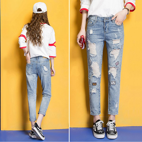 กางเกงยีนส์ขายาวแปดส่วน แต่งปะขาดแนวเซอร์ (11791X)