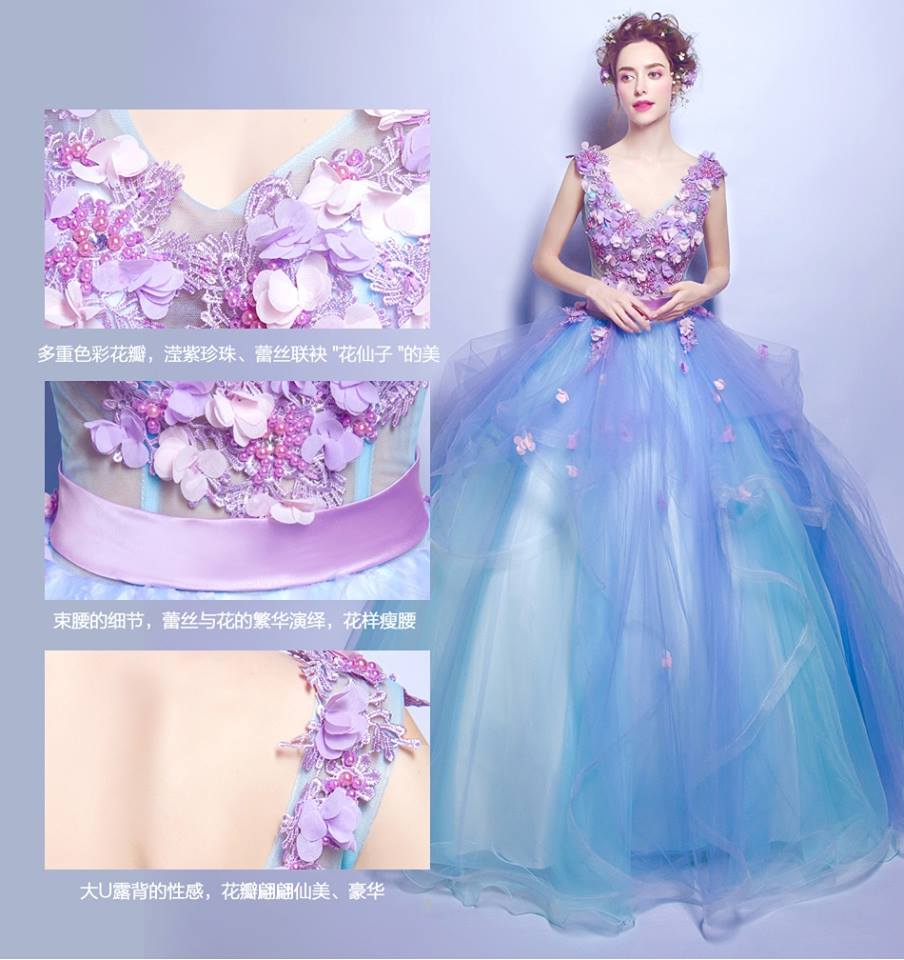 Pre-order ชุดแฟนซี ชุดราตรียาว แขนกุด คอวี แต่งดอกไม้ เชือกผูกหลัง สำเนา